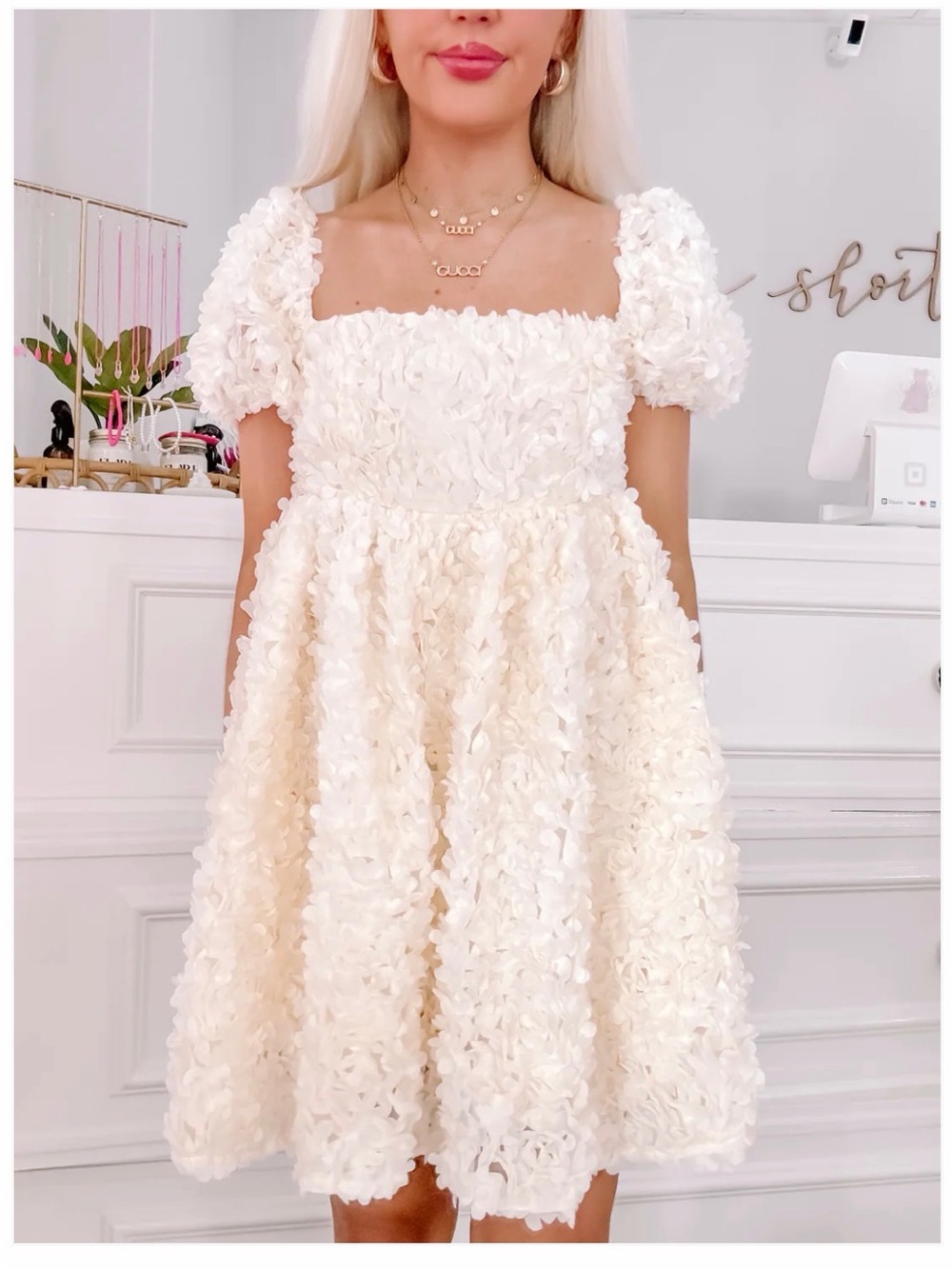 MABLE Cream Textured Puff Sleeve Boutique Dress #1234